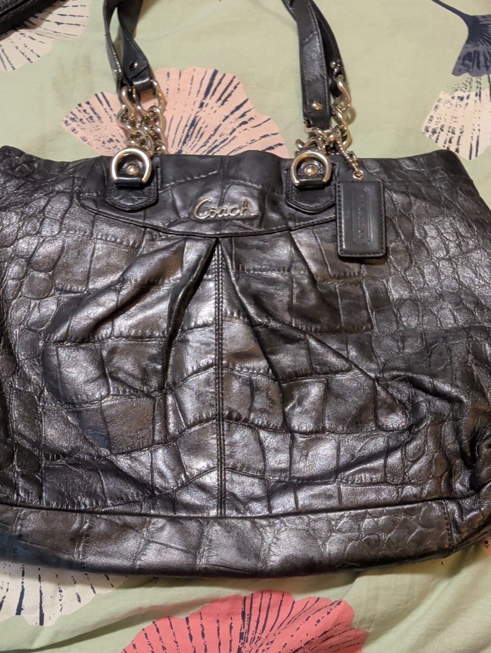 Coach Black Croc-Embossed Leather Tote with Chain-Trim Handles